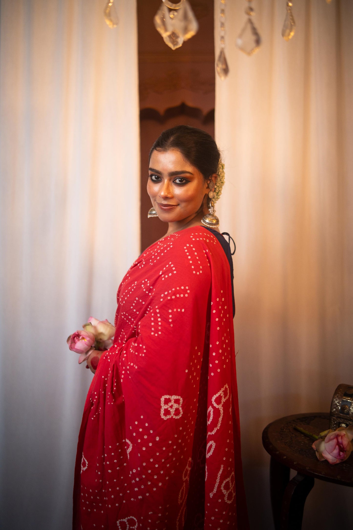 Hand knotted Kutchi Bandhani vermillion cotton saree - Boondh