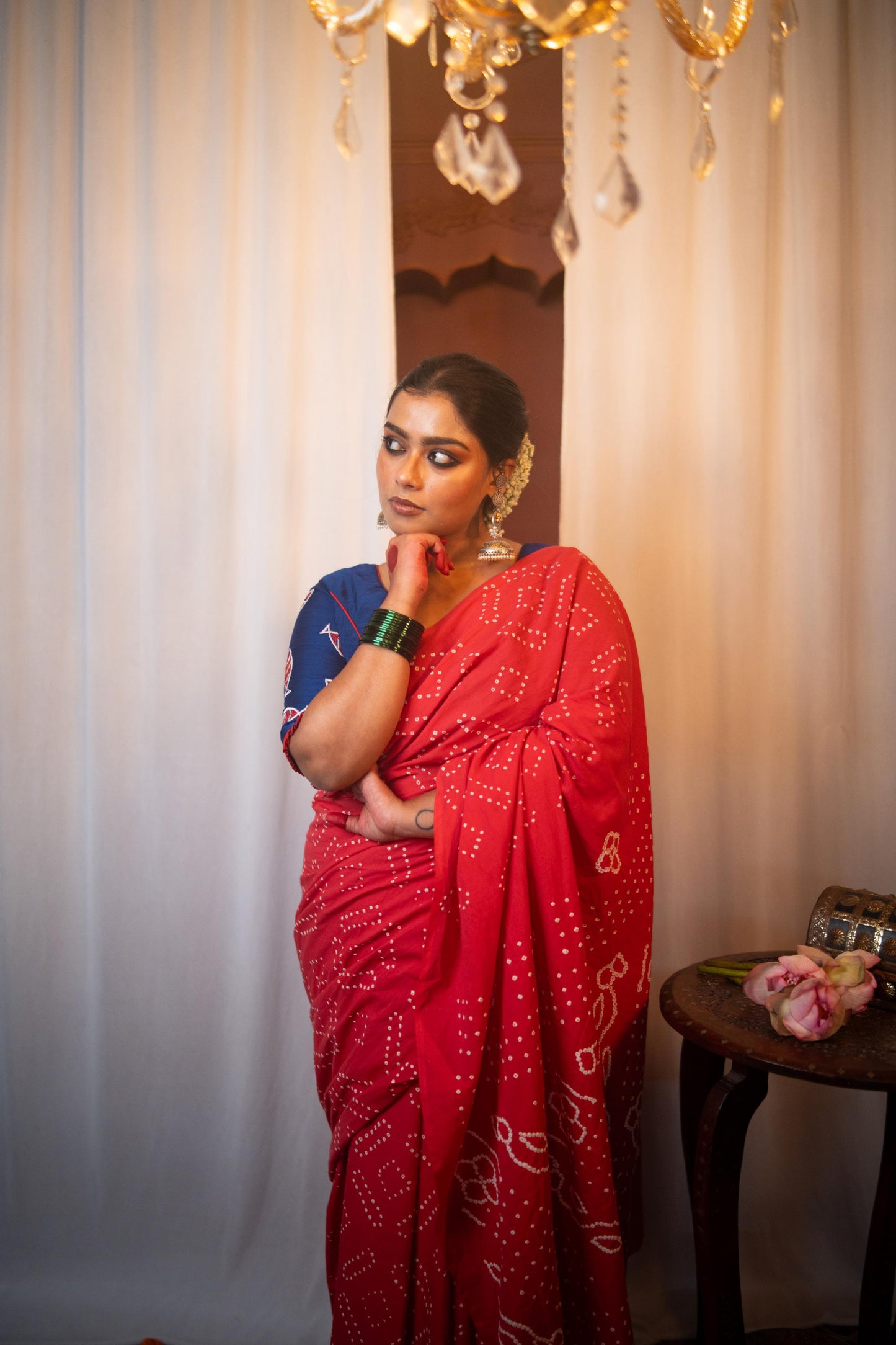 Hand knotted Kutchi Bandhani vermillion cotton saree - Boondh