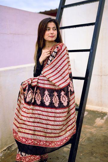 Roheda Bagru Syahi Begar black silk cotton saree Kaisori