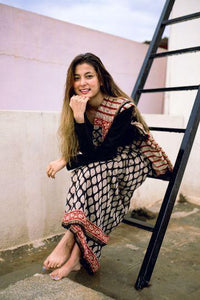 Roheda Bagru Syahi Begar black silk cotton saree Kaisori