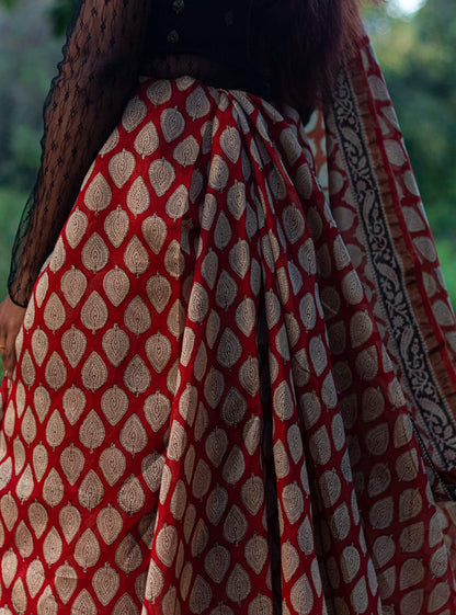 Roheda Bagru Syahi Begar leaf Chanderi Saree Kaisori