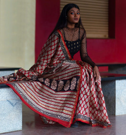 Roheda Bagru Syahi Begar leaf Chanderi Saree Kaisori