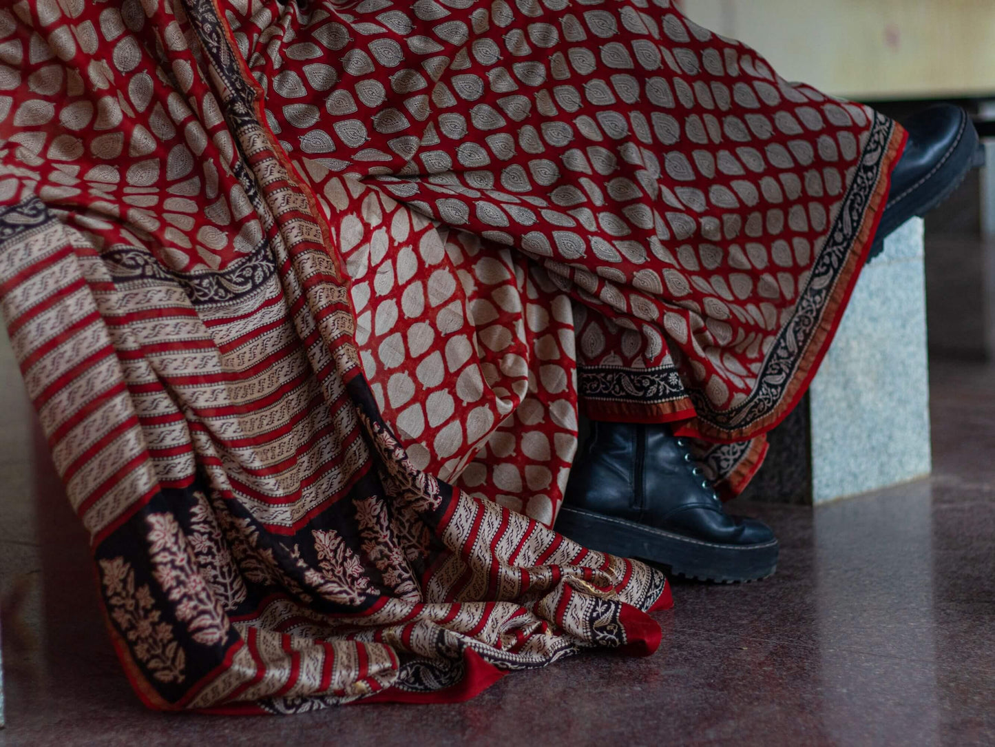 Roheda Bagru Syahi Begar leaf Chanderi Saree Kaisori