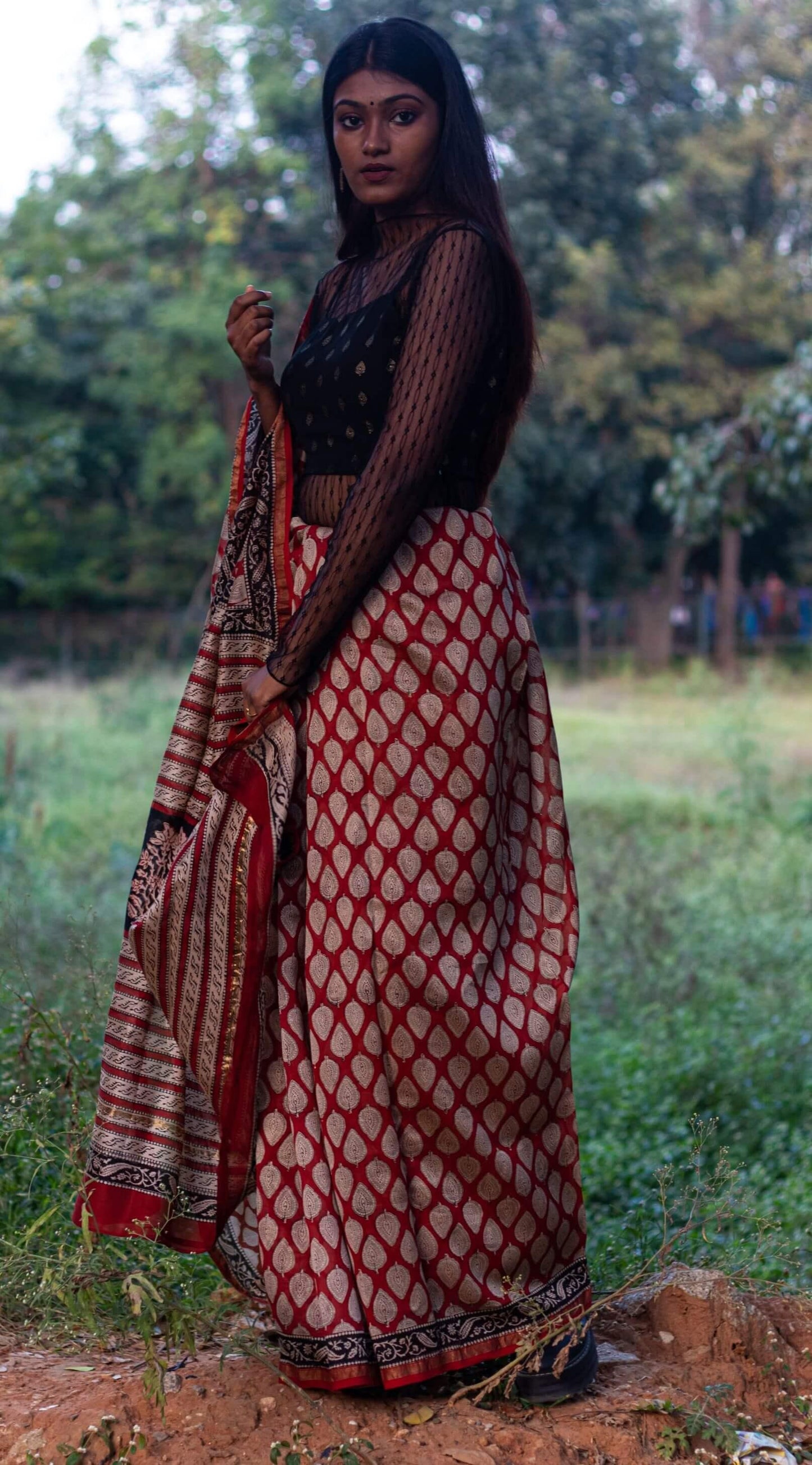 Roheda Bagru Syahi Begar leaf Chanderi Saree Kaisori