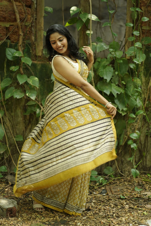 Roheda Bagru Syahi Begar yellow black silk cotton saree Kaisori