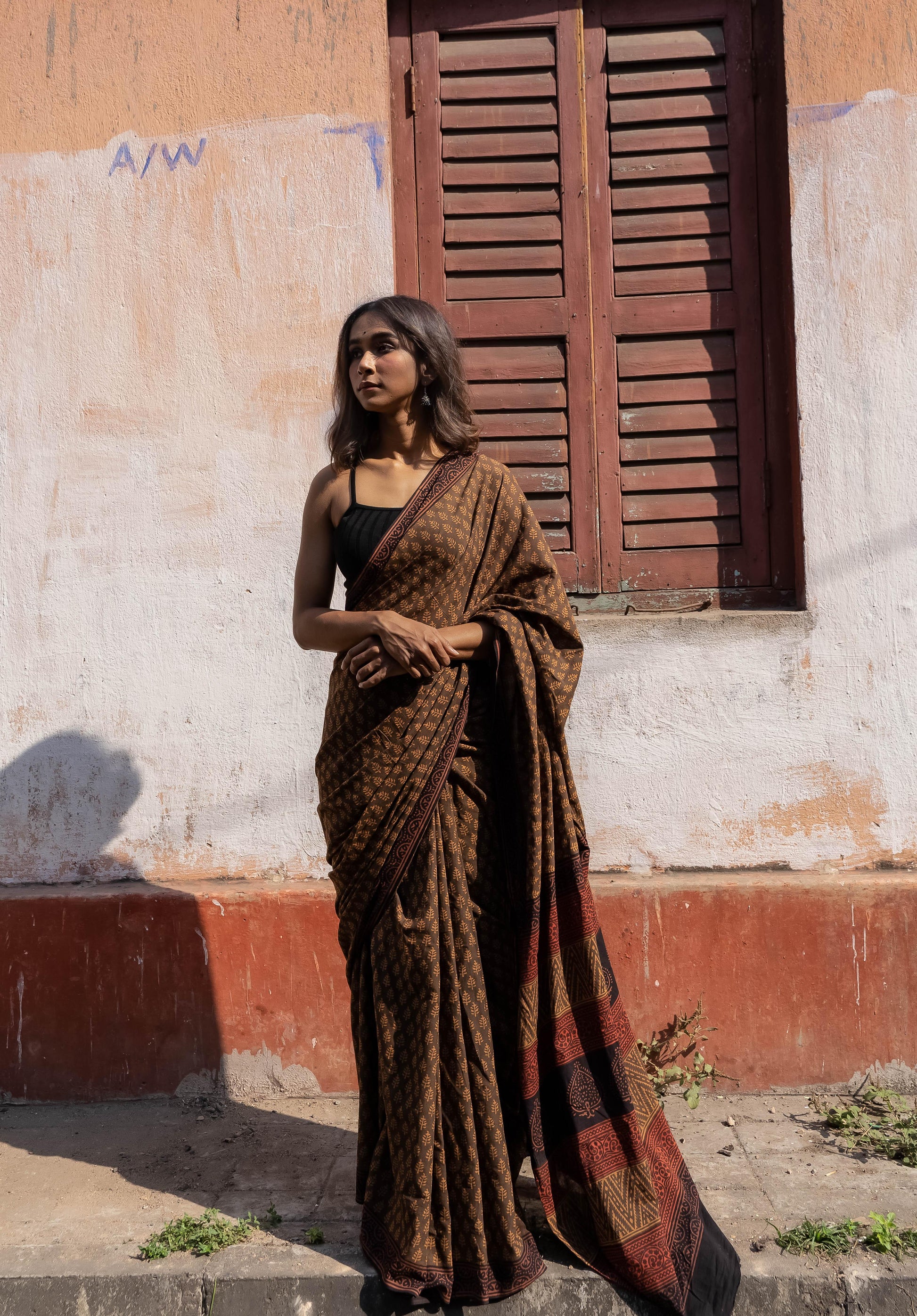 Roheda Brown Mughal Pine natural dyed handblock printed  Bagru saree Kaisori