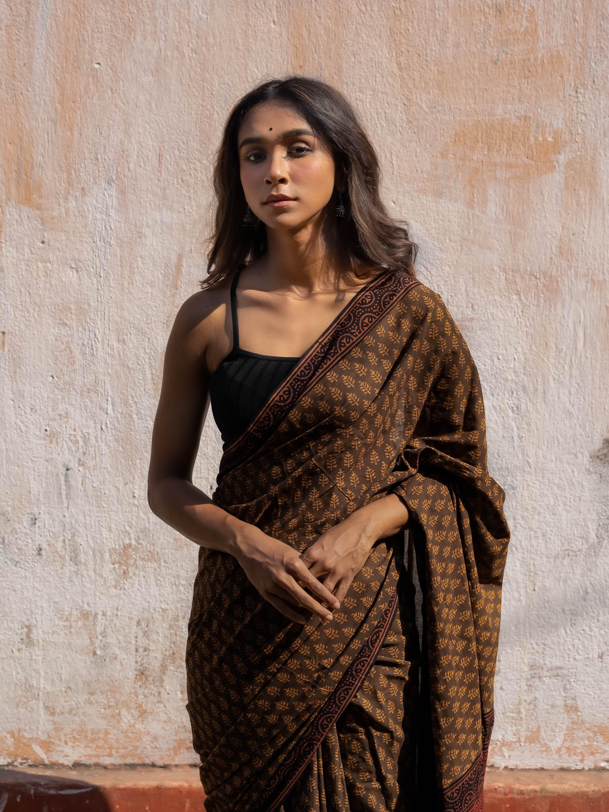 Roheda Brown Mughal Pine natural dyed handblock printed  Bagru saree Kaisori