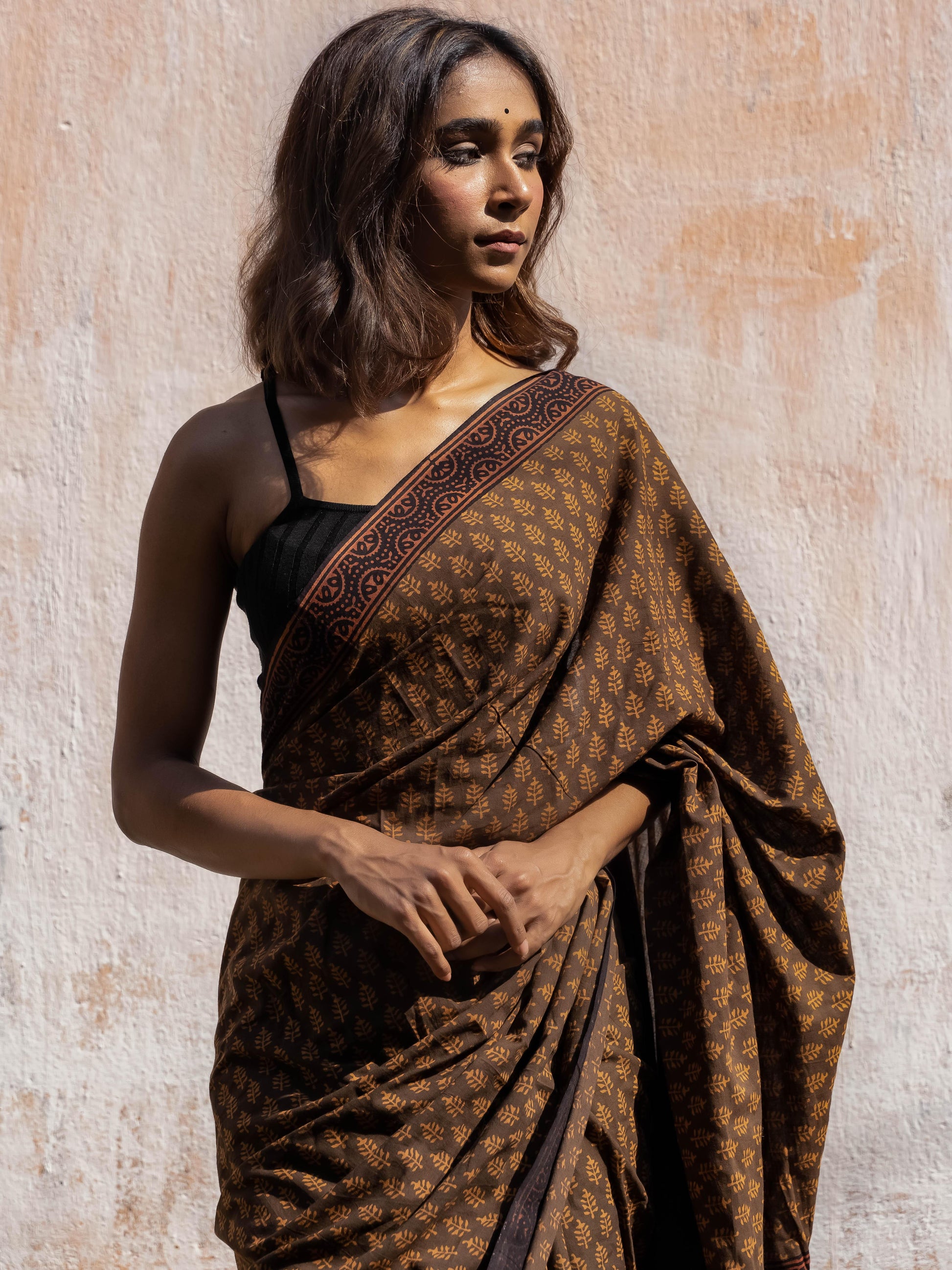 Roheda Brown Mughal Pine natural dyed handblock printed  Bagru saree Kaisori