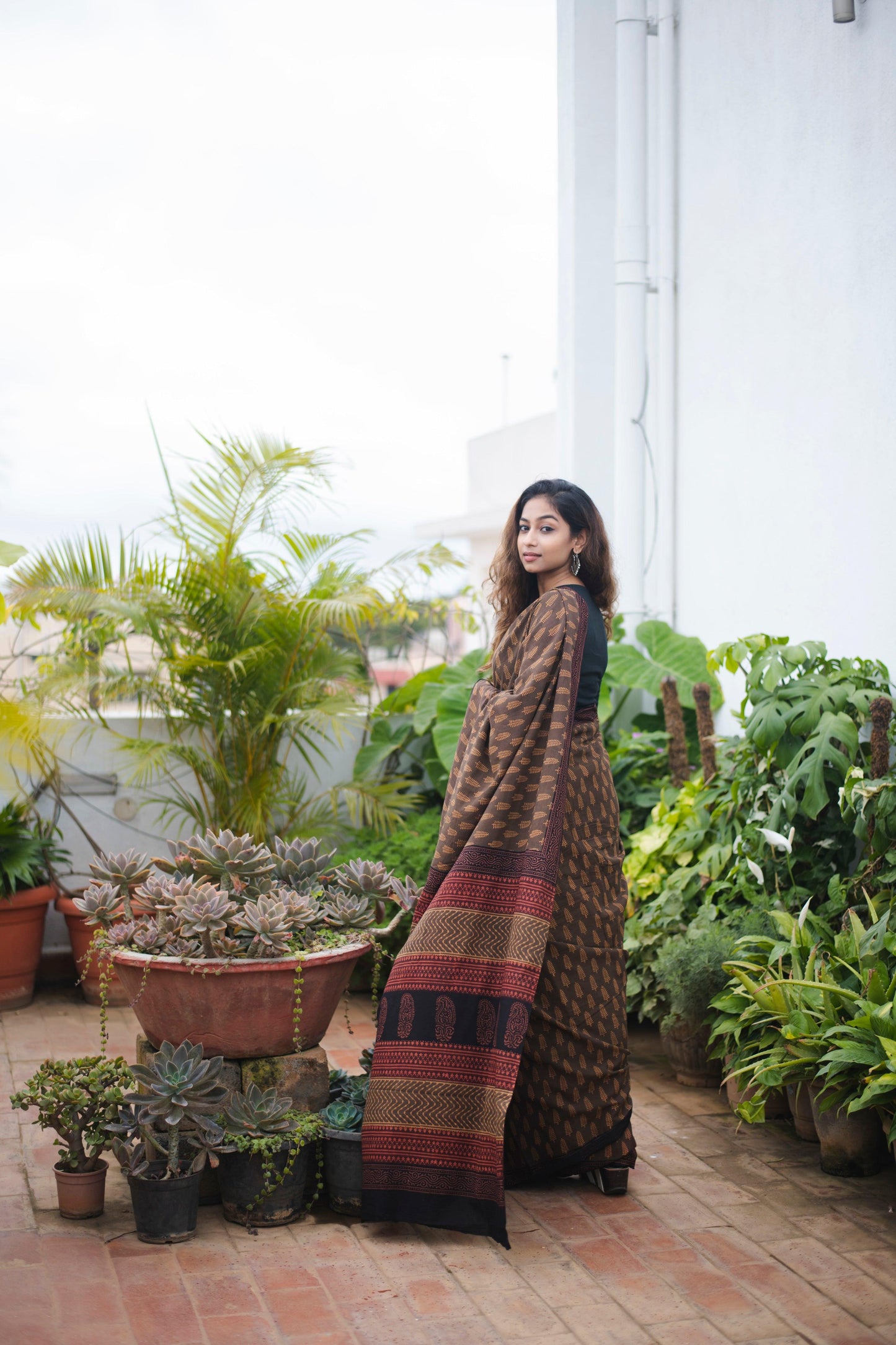 Roheda Brown natural dyed handblock printed  Bagru saree Kaisori