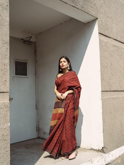 Roheda Chevron natural dyed handblock printed Bagru saree Kaisori