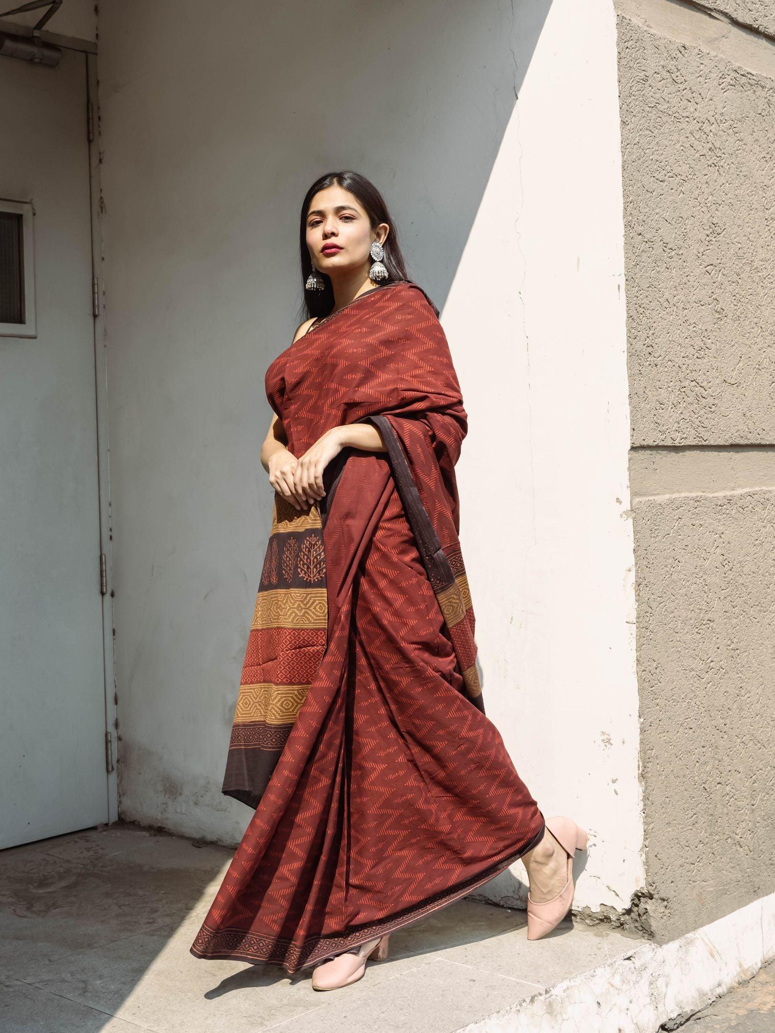 Roheda Chevron natural dyed handblock printed Bagru saree Kaisori