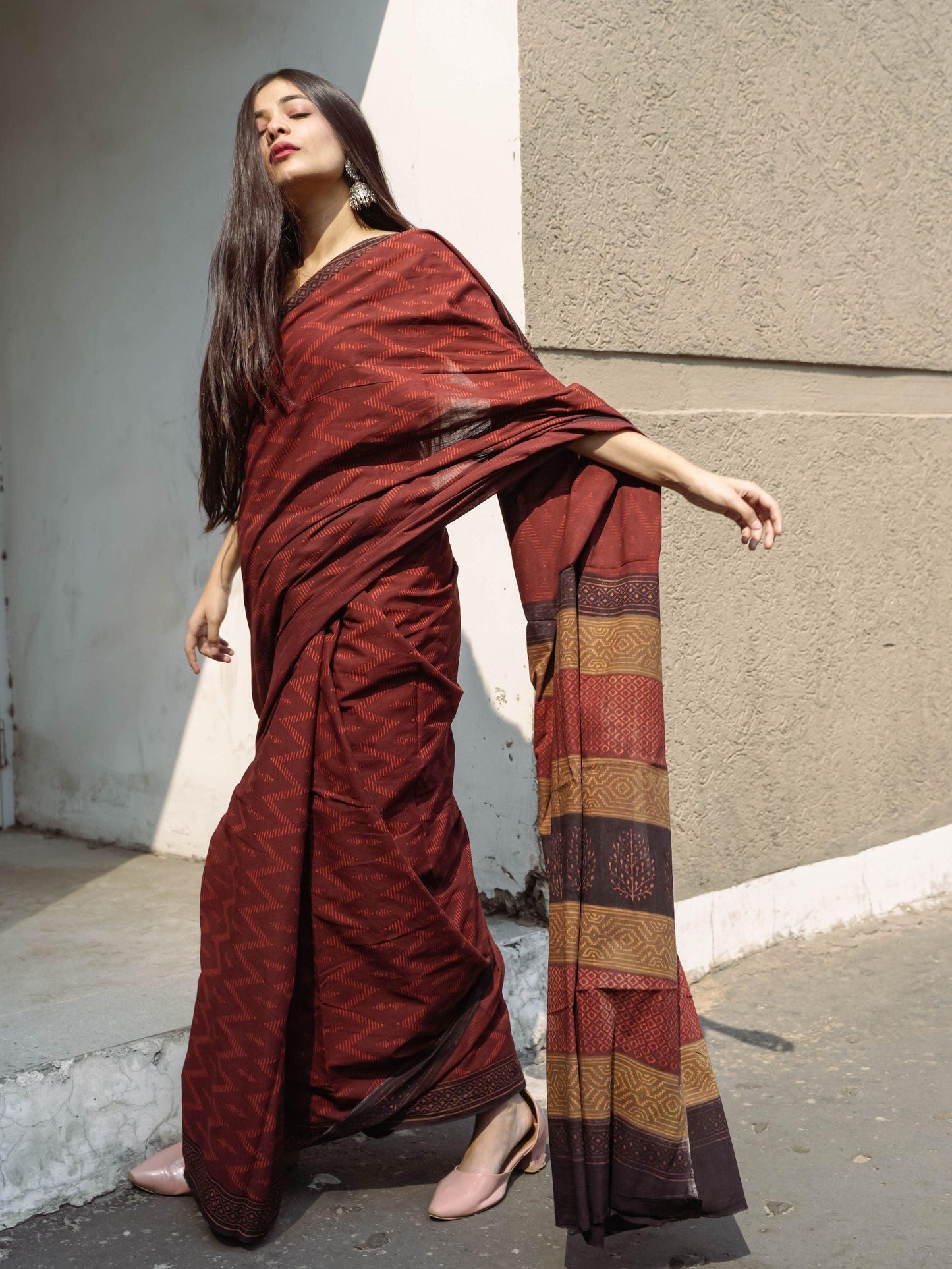 Roheda Chevron natural dyed handblock printed Bagru saree Kaisori