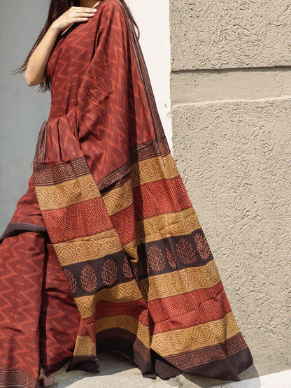 Roheda Chevron natural dyed handblock printed Bagru saree Kaisori