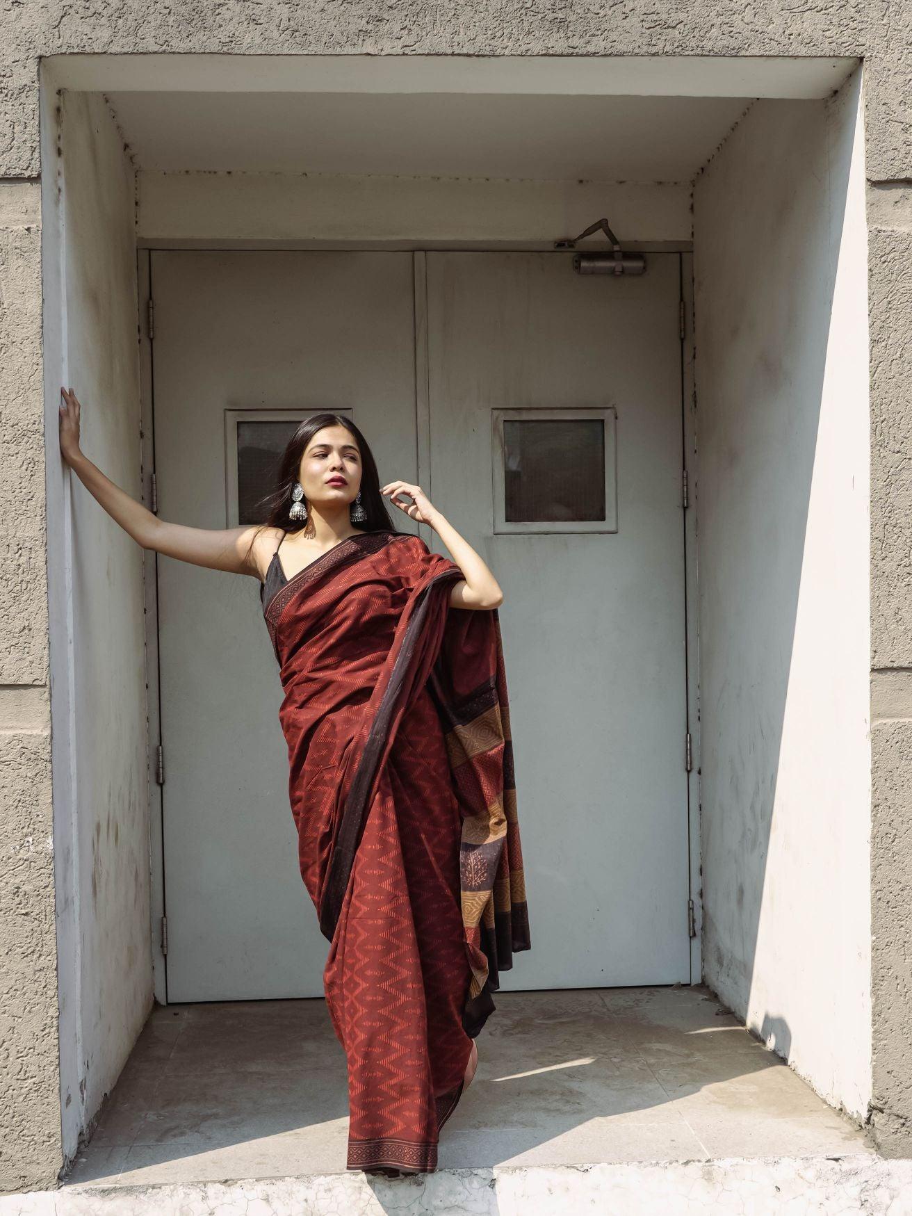 Roheda Chevron natural dyed handblock printed Bagru saree Kaisori