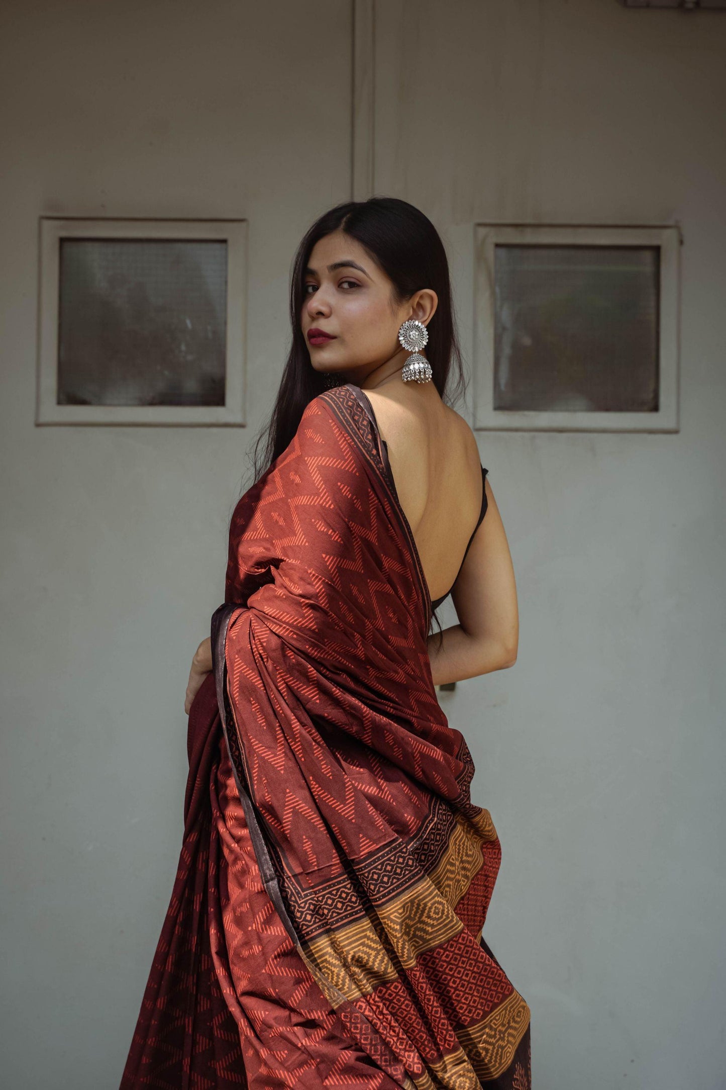 Roheda Chevron natural dyed handblock printed Bagru saree Kaisori