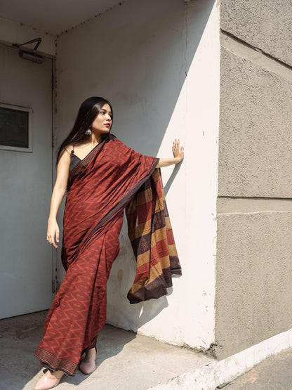 Roheda Chevron natural dyed handblock printed Bagru saree Kaisori