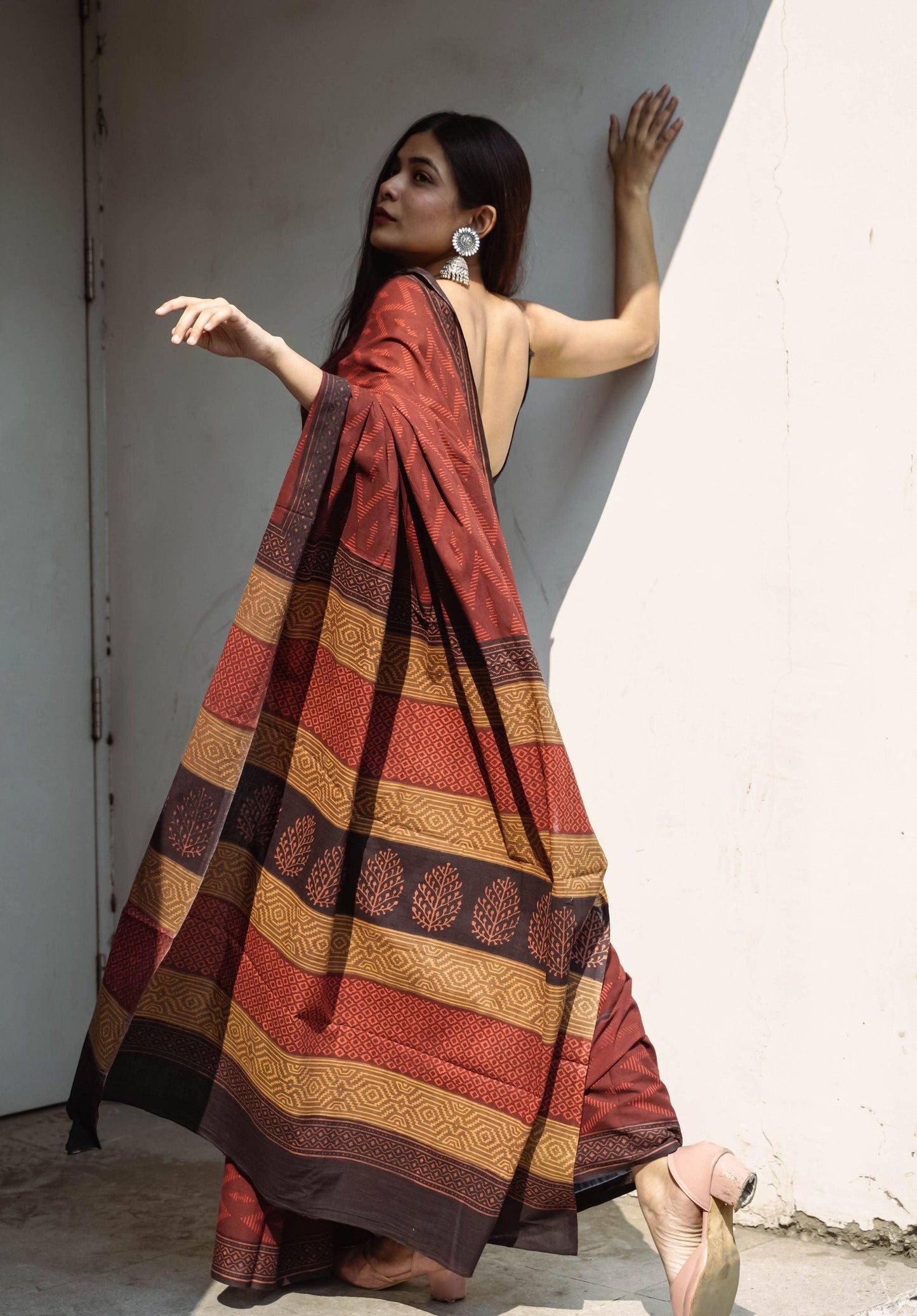 Roheda Chevron natural dyed handblock printed Bagru saree Kaisori