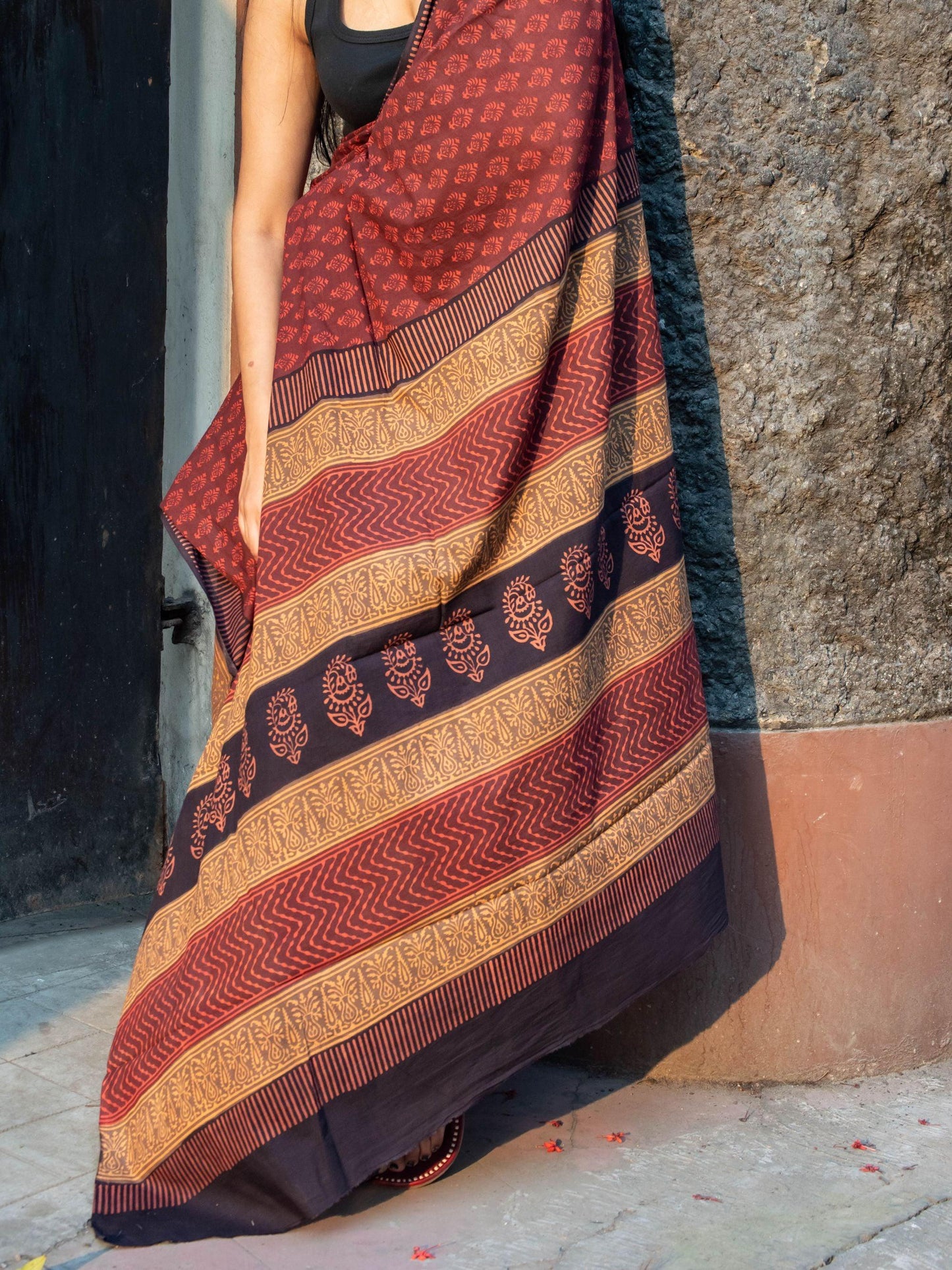 Roheda Gulab natural dyed handblock printed Bagru saree Kaisori