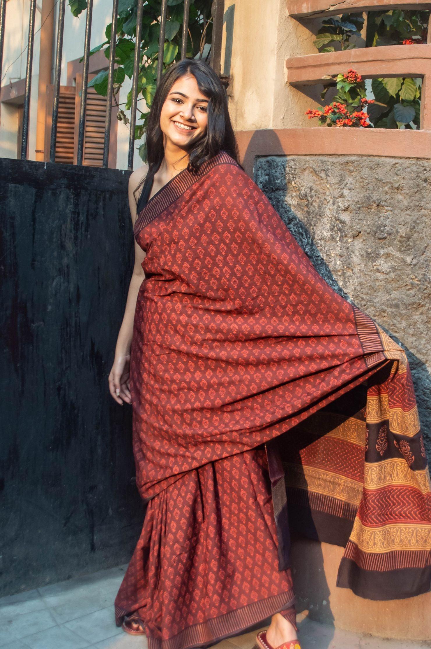 Roheda Gulab natural dyed handblock printed Bagru saree Kaisori