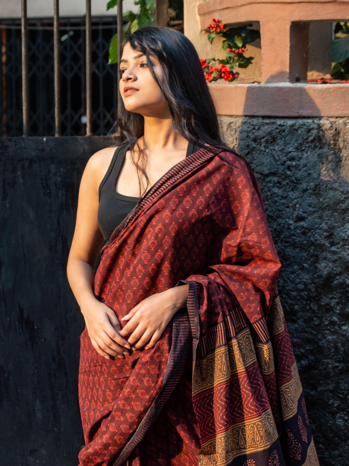 Roheda Gulab natural dyed handblock printed Bagru saree Kaisori