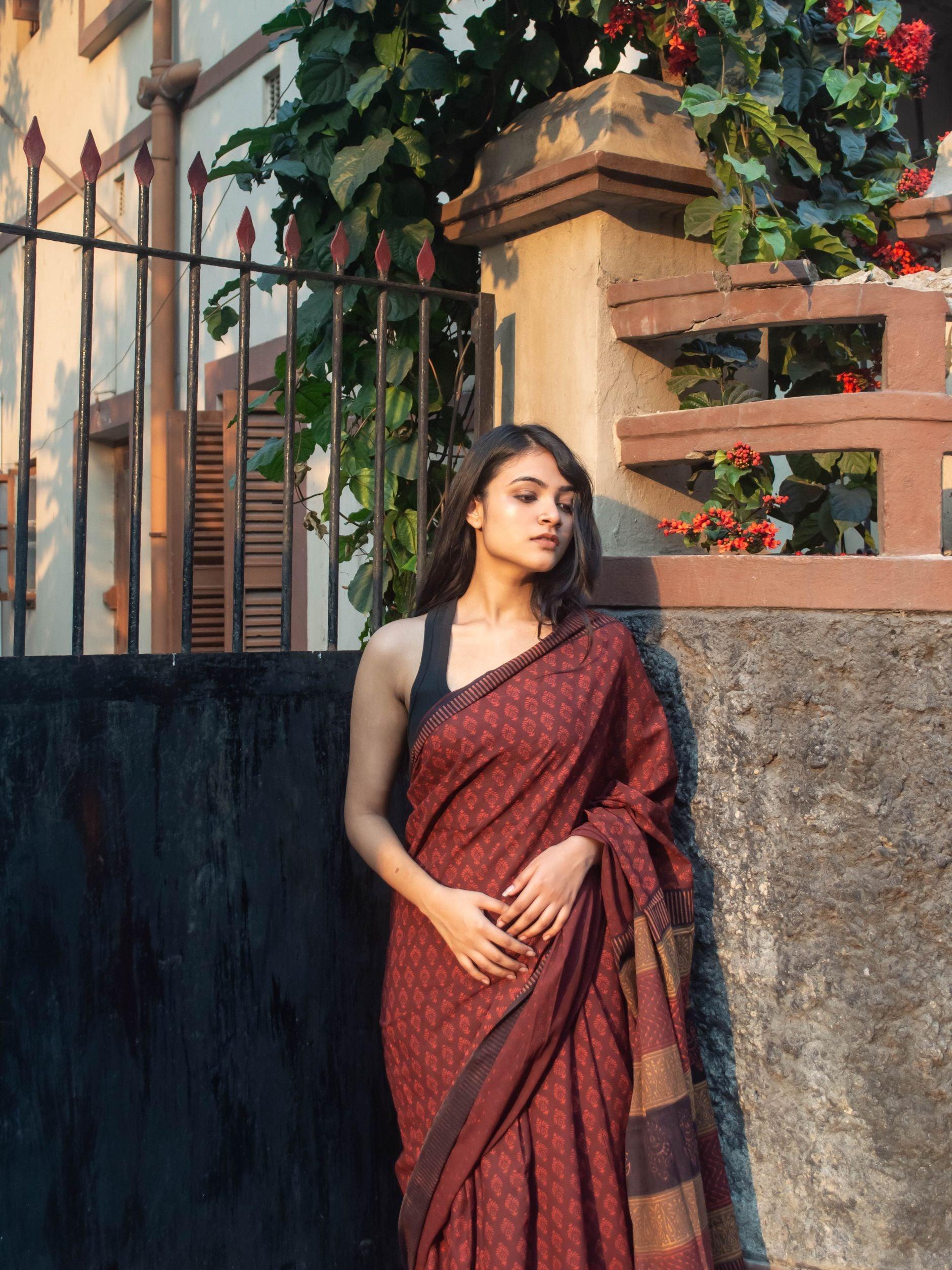 Roheda Gulab natural dyed handblock printed Bagru saree Kaisori