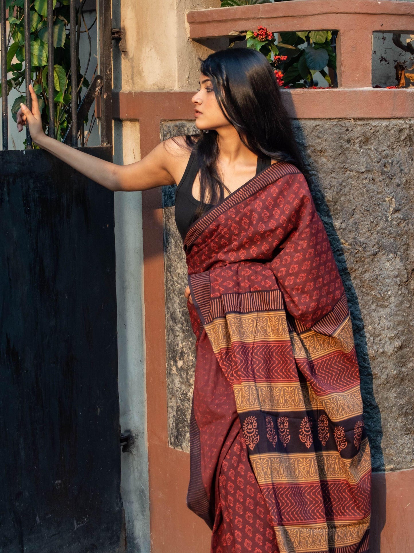 Roheda Gulab natural dyed handblock printed Bagru saree Kaisori