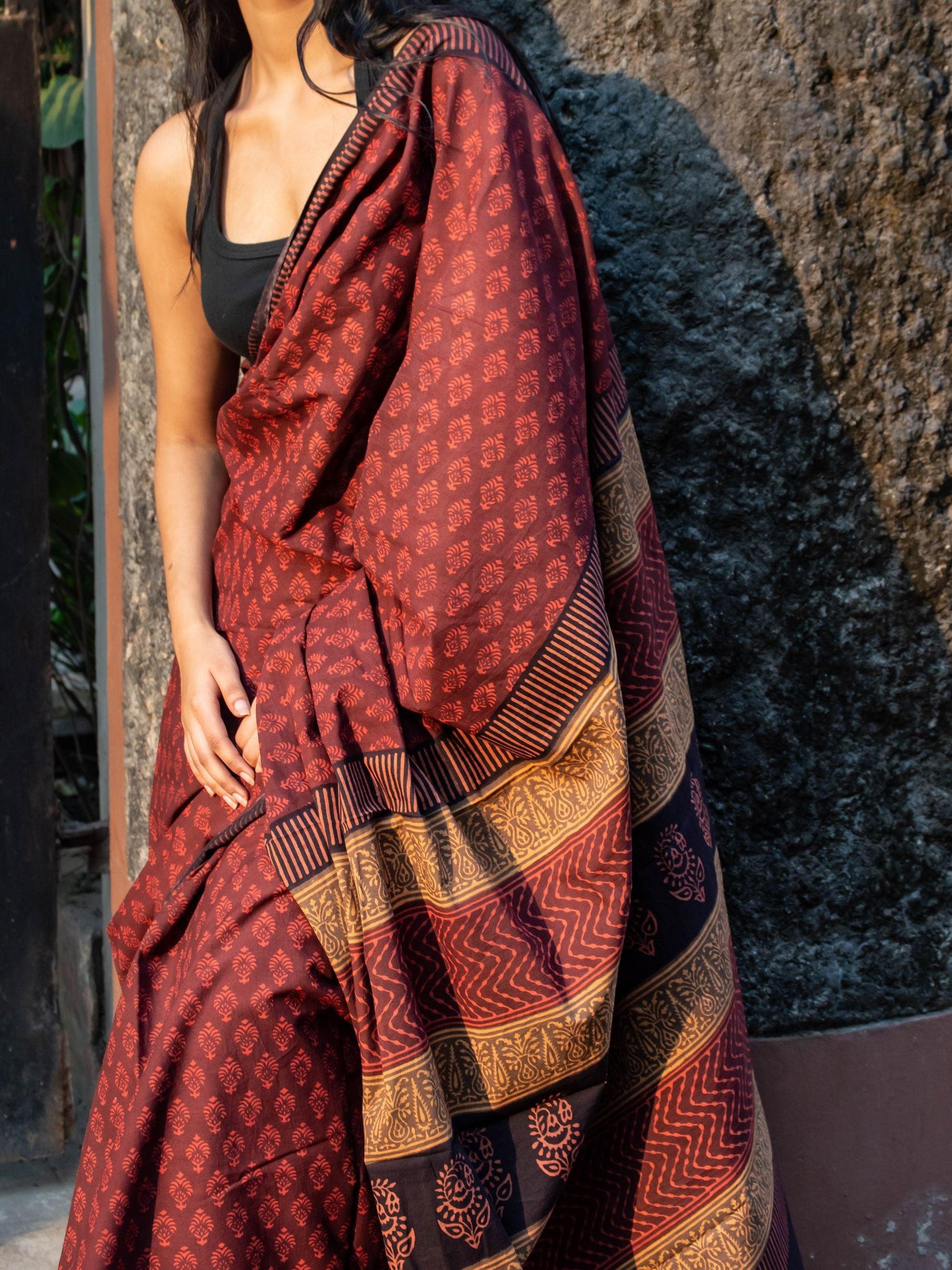 Roheda Gulab natural dyed handblock printed Bagru saree Kaisori