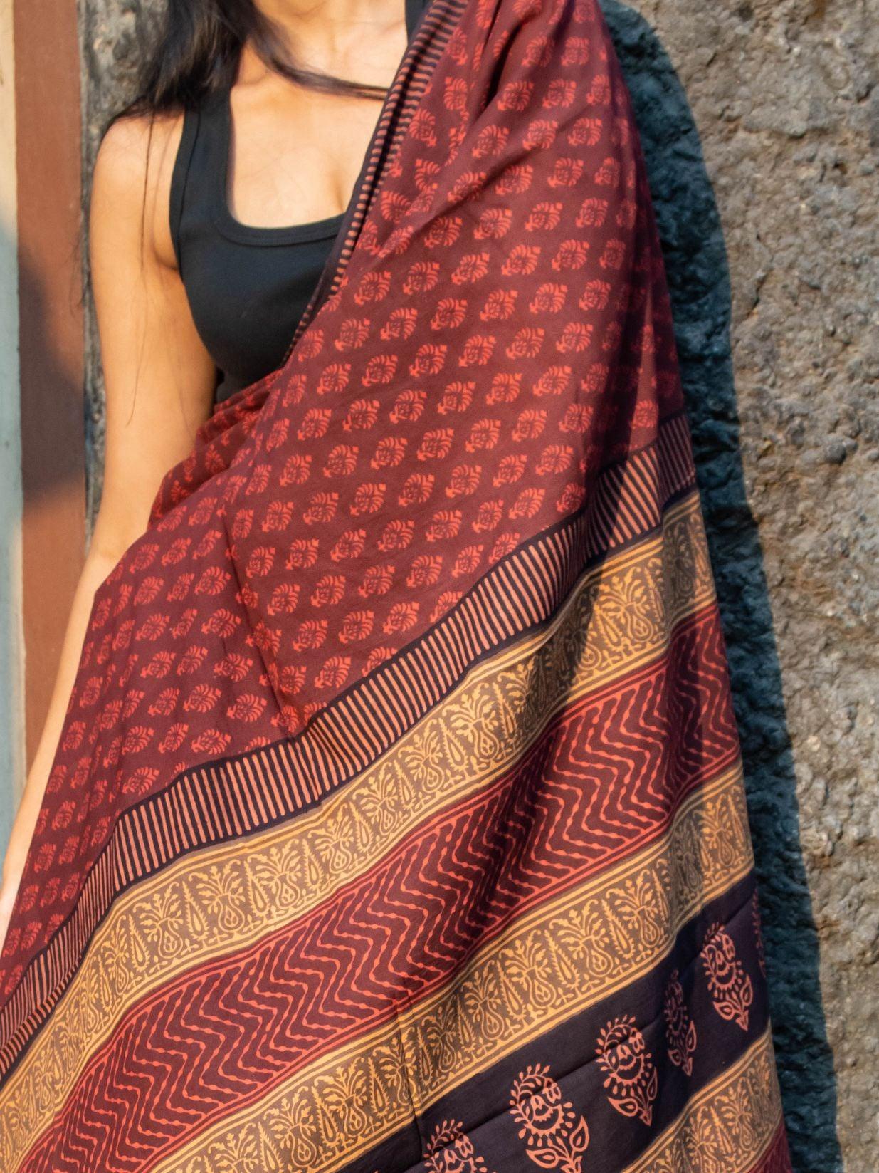 Roheda Gulab natural dyed handblock printed Bagru saree Kaisori