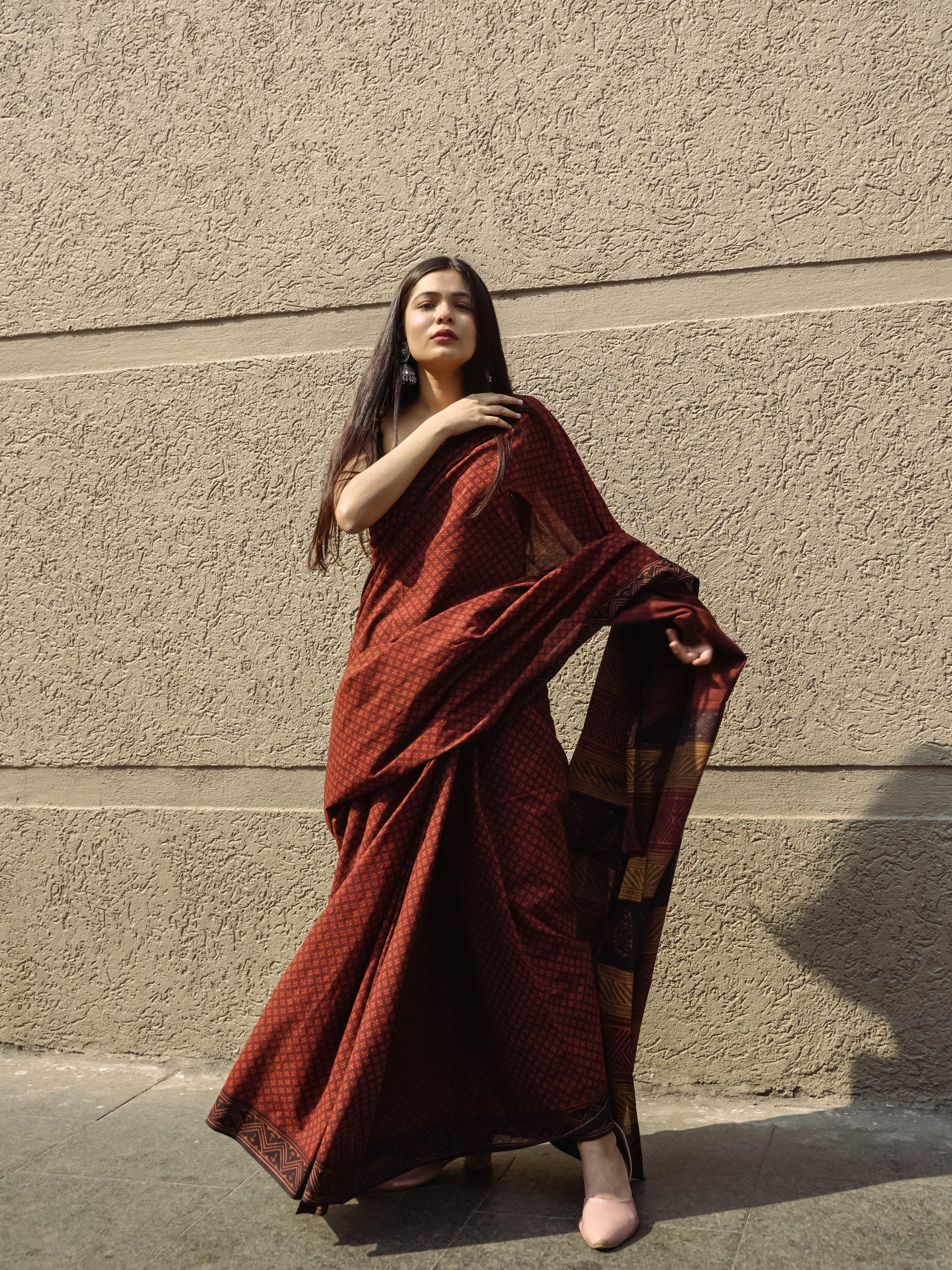 Roheda Makkhi buta natural dyed handblock printed Bagru saree Kaisori