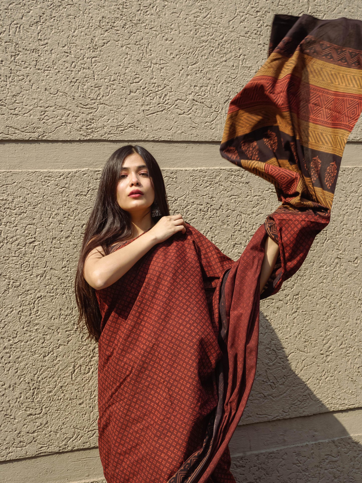 Roheda Makkhi buta natural dyed handblock printed Bagru saree Kaisori