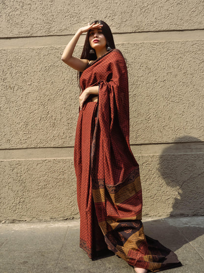 Roheda Makkhi buta natural dyed handblock printed Bagru saree Kaisori