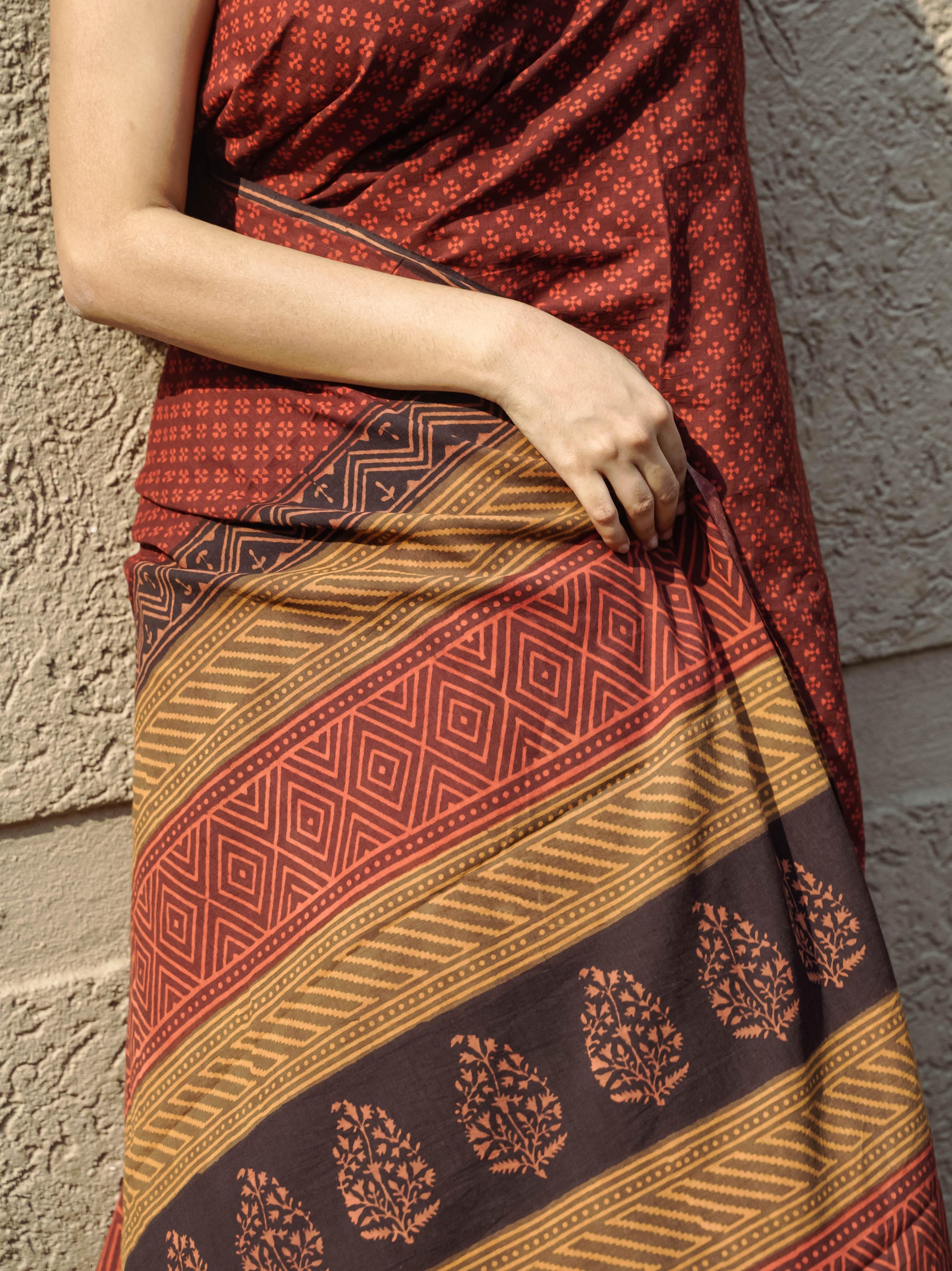 Roheda Makkhi buta natural dyed handblock printed Bagru saree Kaisori