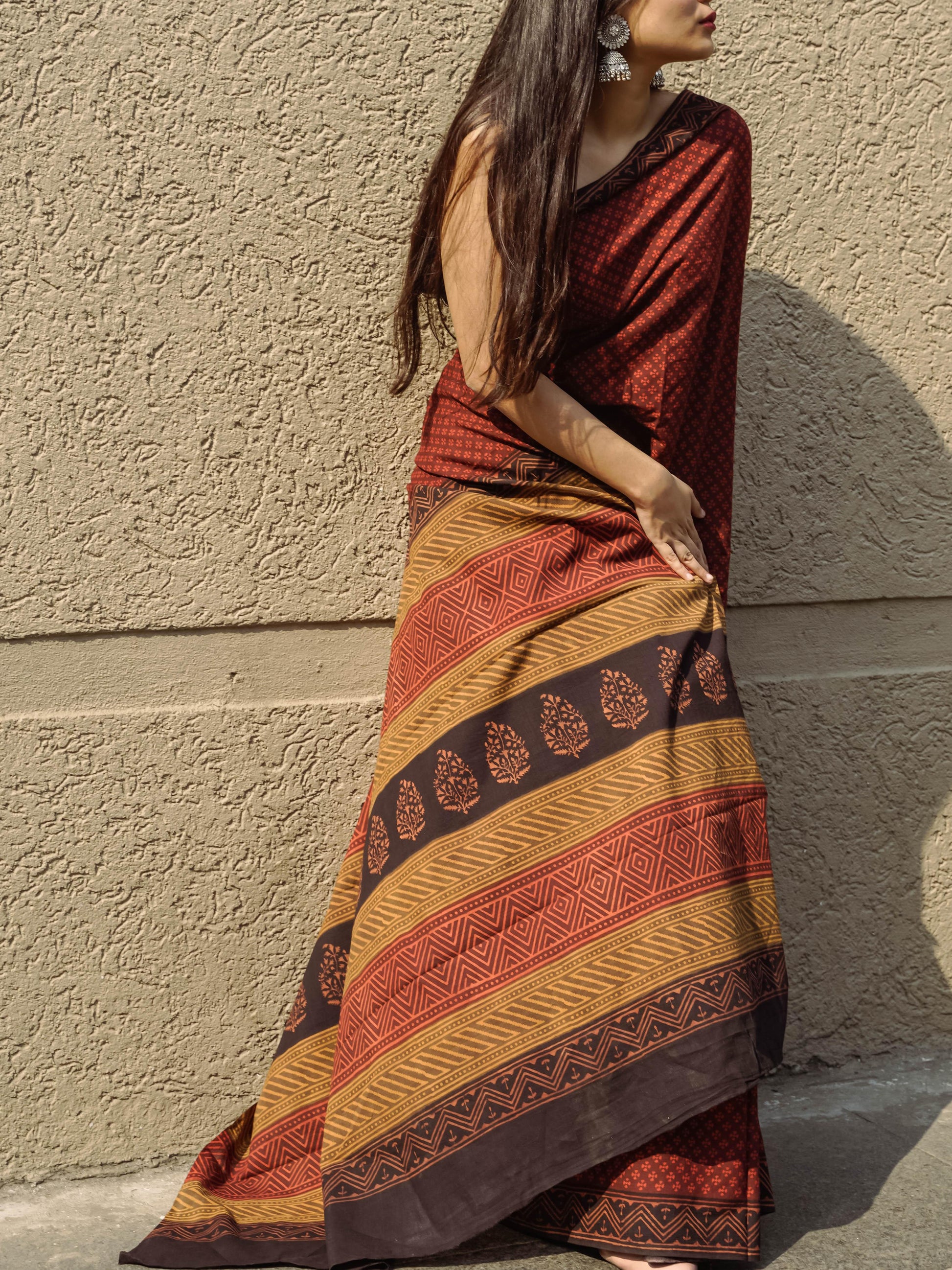 Roheda Makkhi buta natural dyed handblock printed Bagru saree Kaisori