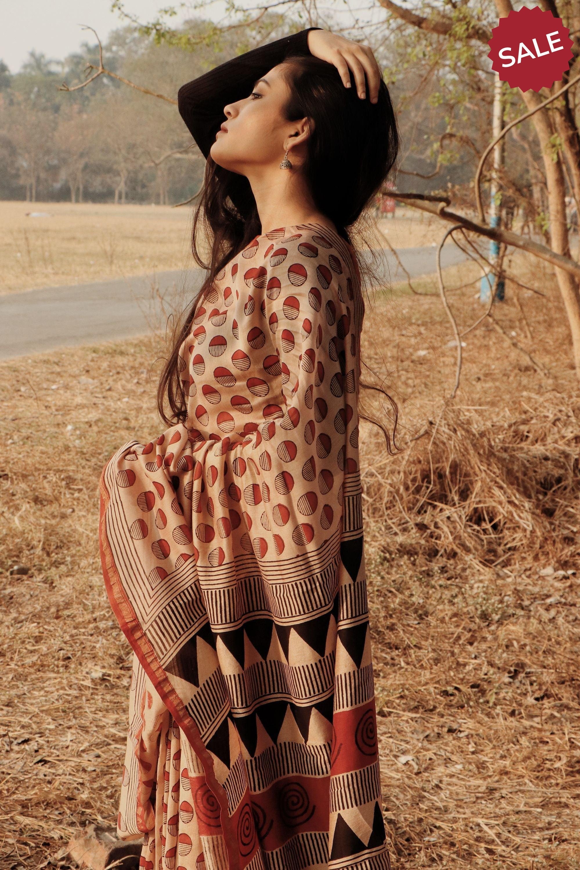 Roheda - Red Syahi Begar  handblockprinted silk cotton saree Kaisori