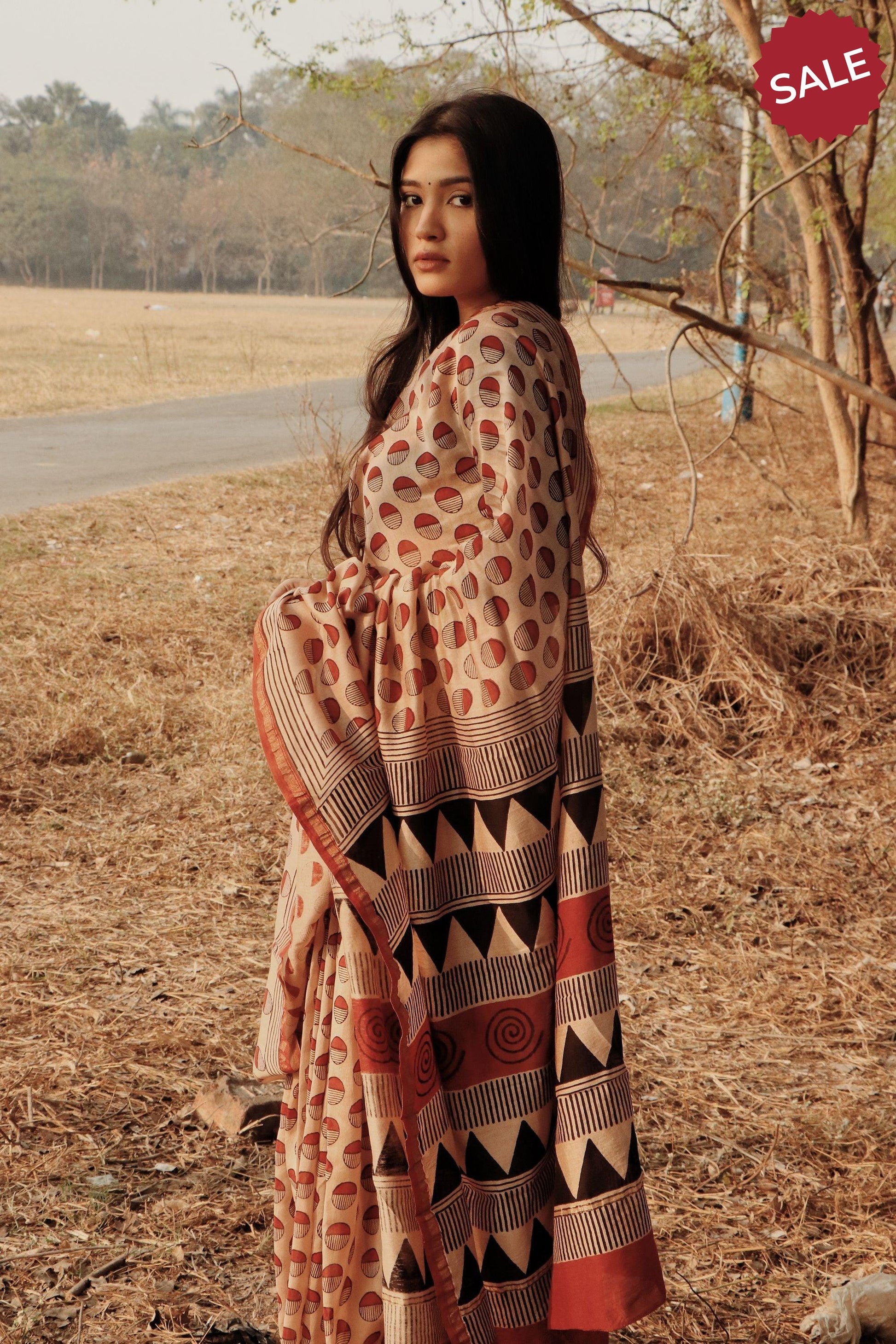 Roheda - Red Syahi Begar  handblockprinted silk cotton saree Kaisori