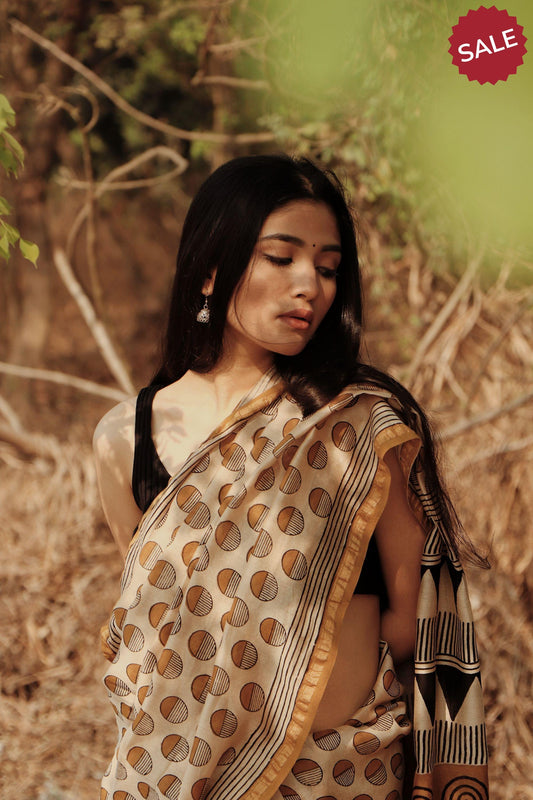 Roheda - Yellow Syahi Begar handblockprinted silk cotton saree Kaisori