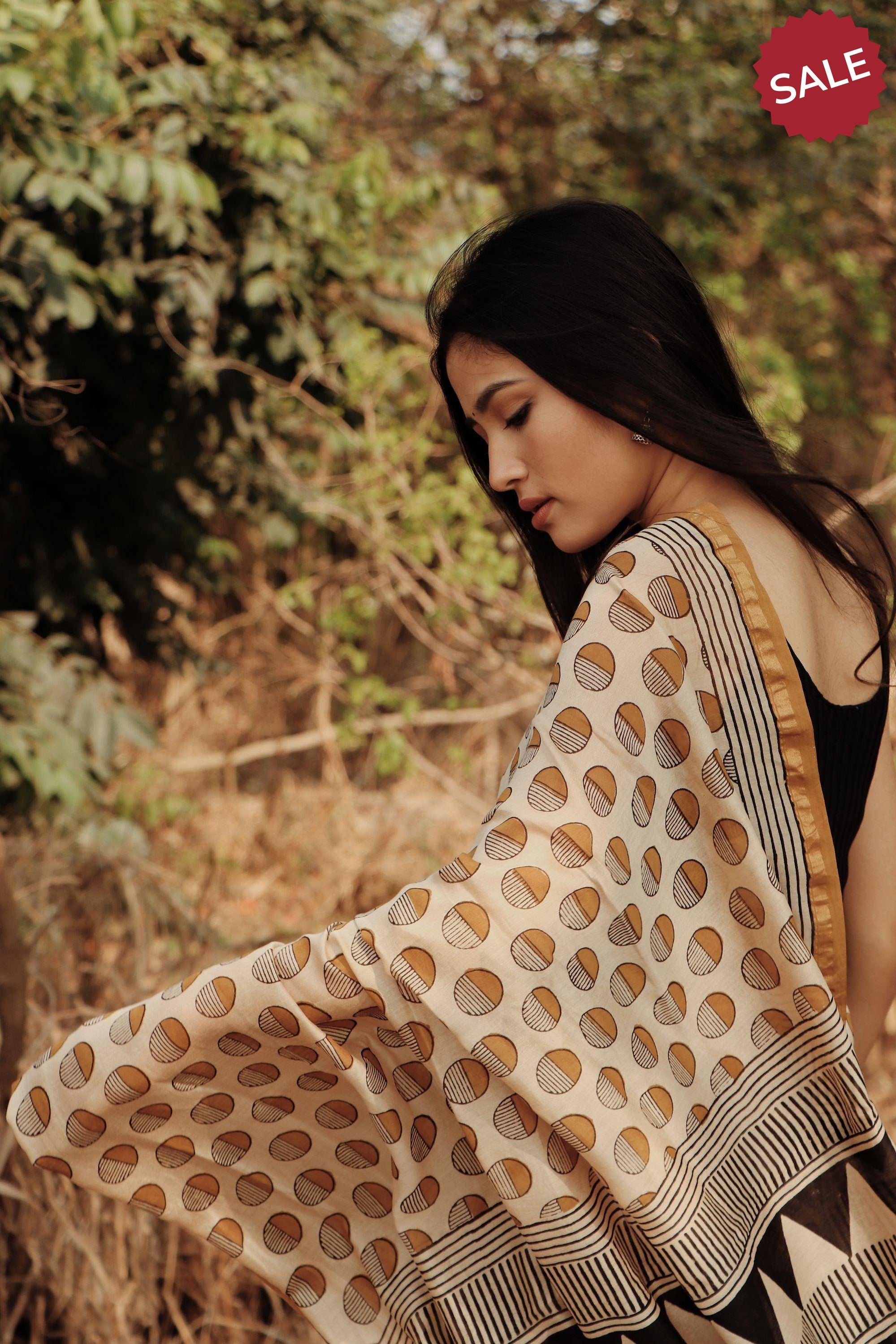Roheda - Yellow Syahi Begar handblockprinted silk cotton saree Kaisori