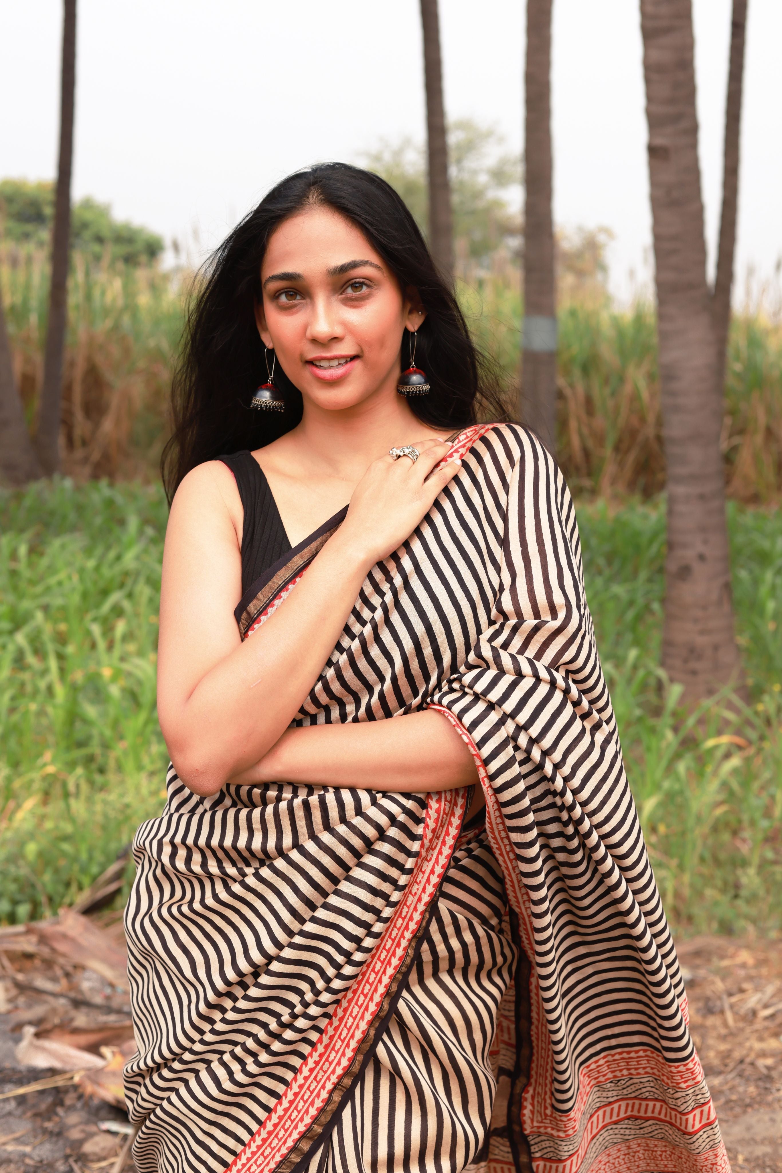 Roheda stripes black Syahi Begar Chanderi Saree Kaisori