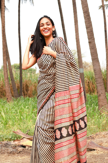 Roheda stripes black Syahi Begar Chanderi Saree Kaisori