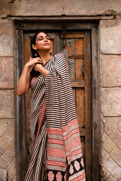 Roheda stripes black Syahi Begar Chanderi Saree Kaisori