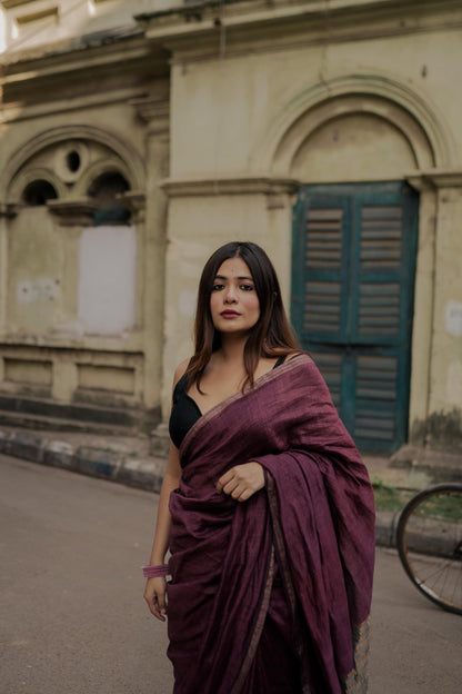 Weaves of Bengal - Sitara- Magenta linen cotton saree