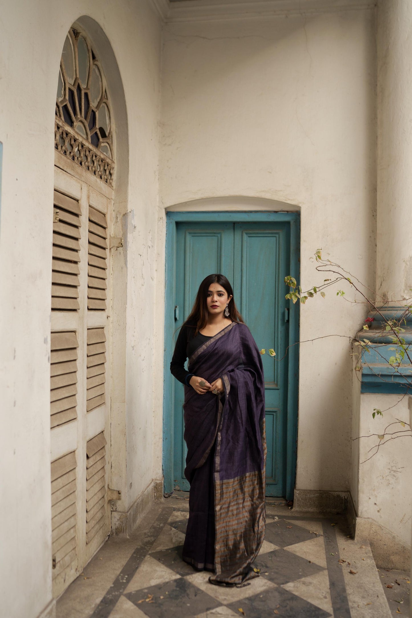 Weaves of Bengal - Sitara- purple linen cotton saree