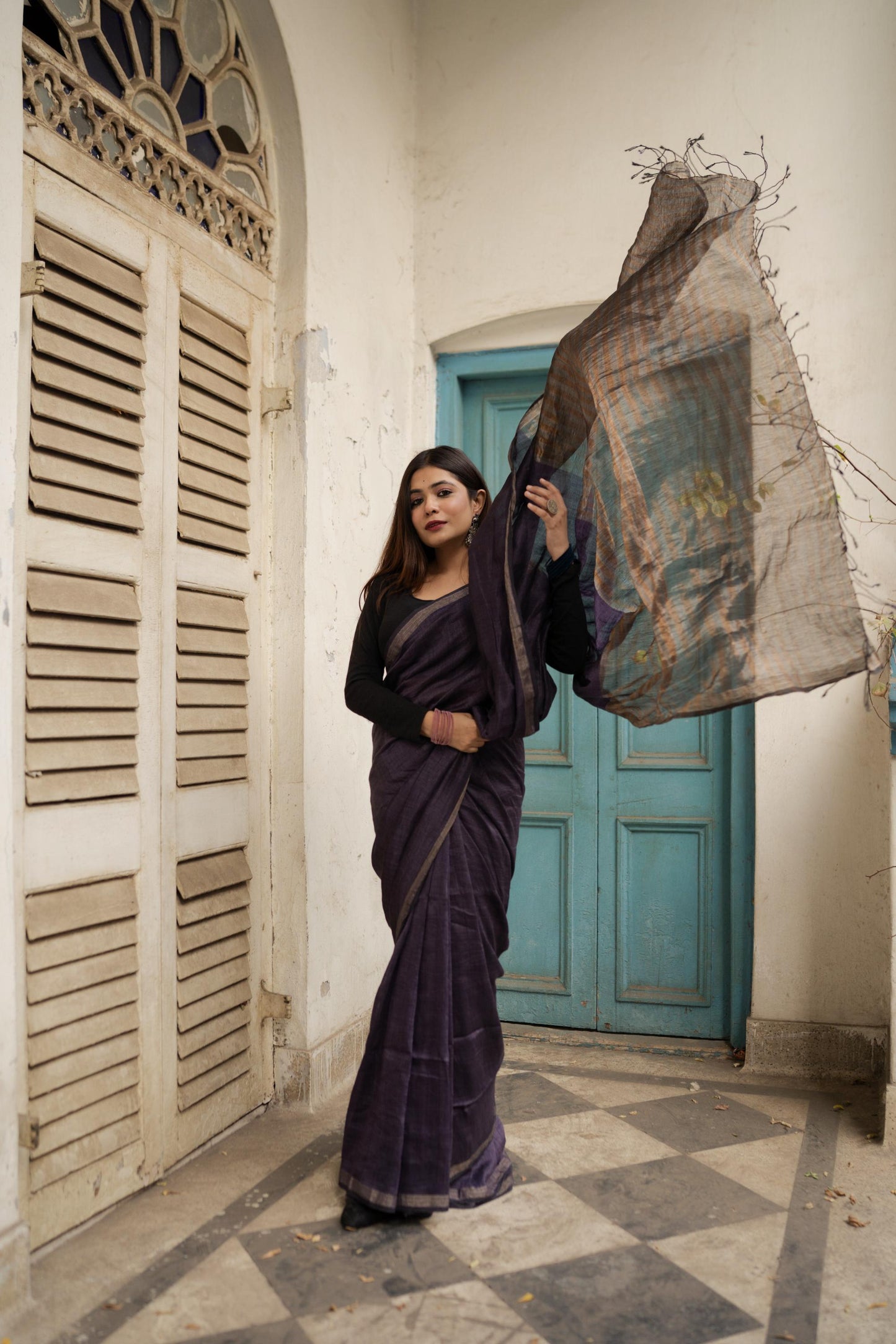 Weaves of Bengal - Sitara- purple linen cotton saree