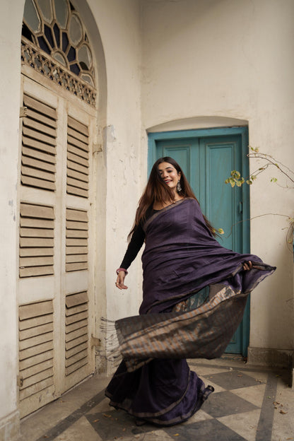 Weaves of Bengal - Sitara- purple linen cotton saree