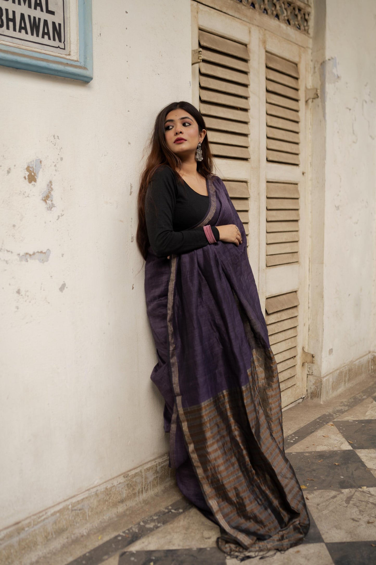 Weaves of Bengal - Sitara- purple linen cotton saree