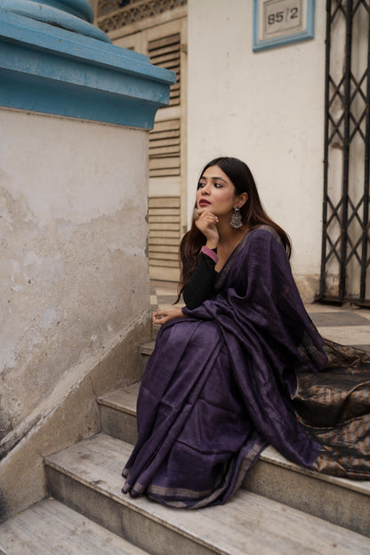 Weaves of Bengal - Sitara- purple linen cotton saree