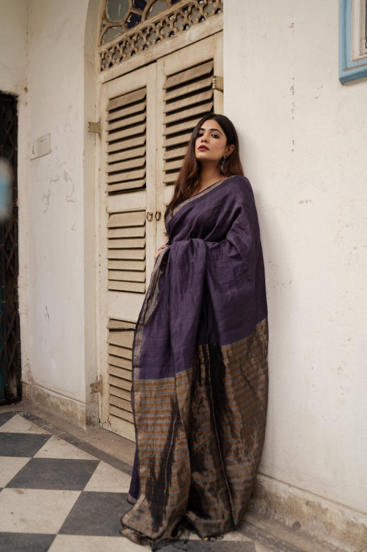 Weaves of Bengal - Sitara- purple linen cotton saree