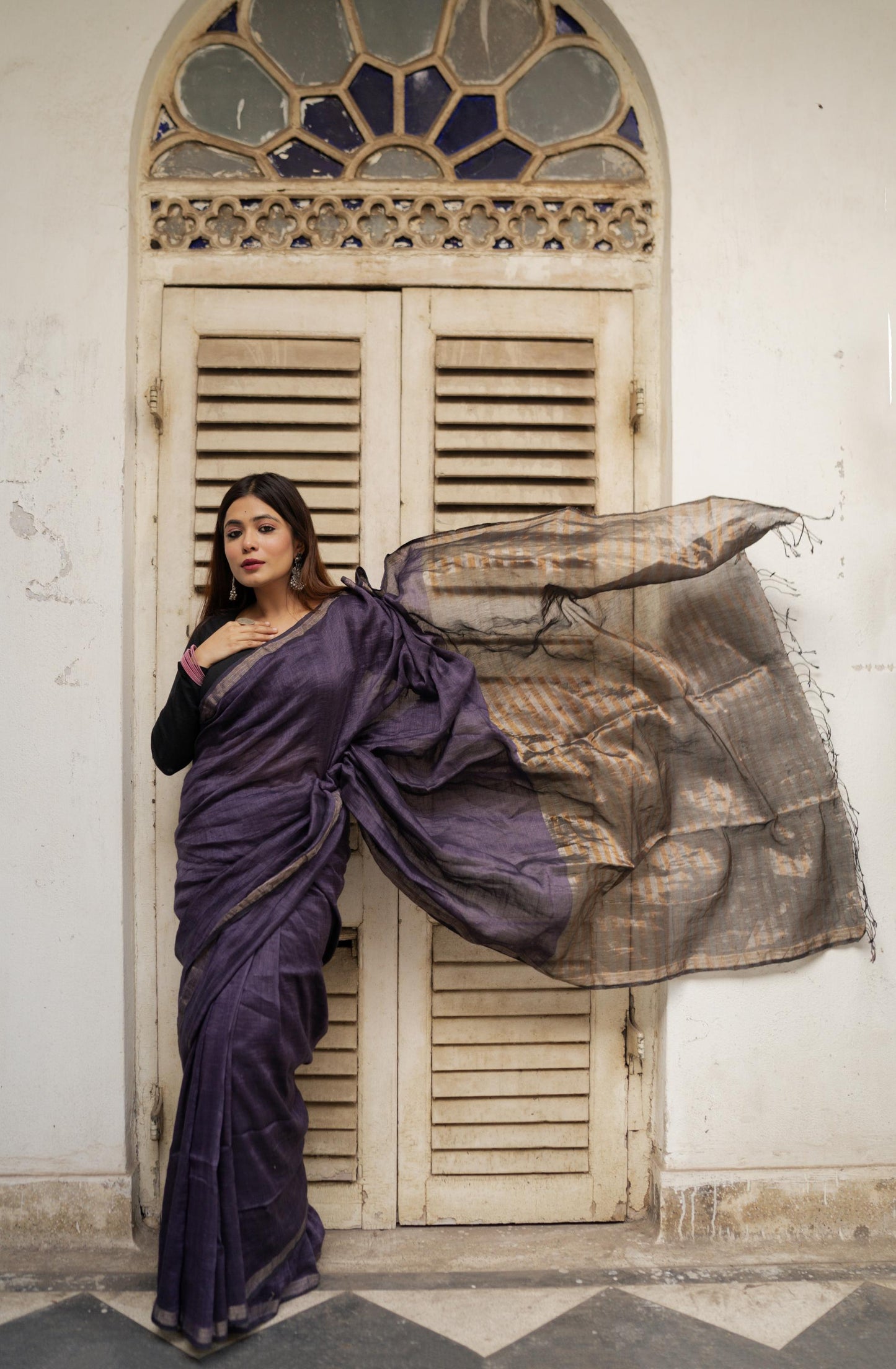 Weaves of Bengal - Sitara- purple linen cotton saree