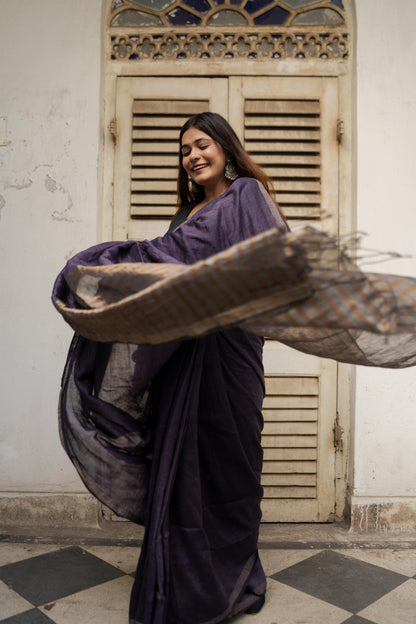 Weaves of Bengal - Sitara- purple linen cotton saree