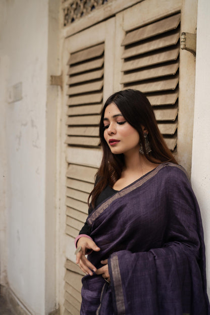 Weaves of Bengal - Sitara- purple linen cotton saree